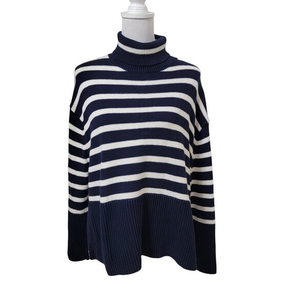GAP Size S Navy Blue & White Striped Turtleneck Split Hem Sweater, Exc Used Cond - Picture 2 of 16